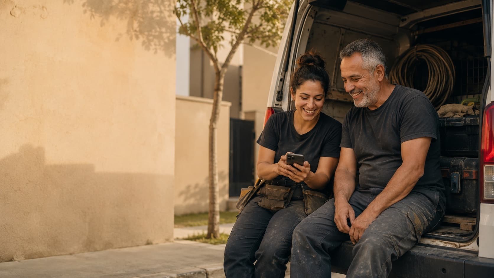 Dois Hublers sentados na porta de uma van, rindo enquanto olham o celular